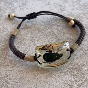 Adjustable Brown Tan Macrame Insect Bracelet- Real Insect In Resin- Beetle